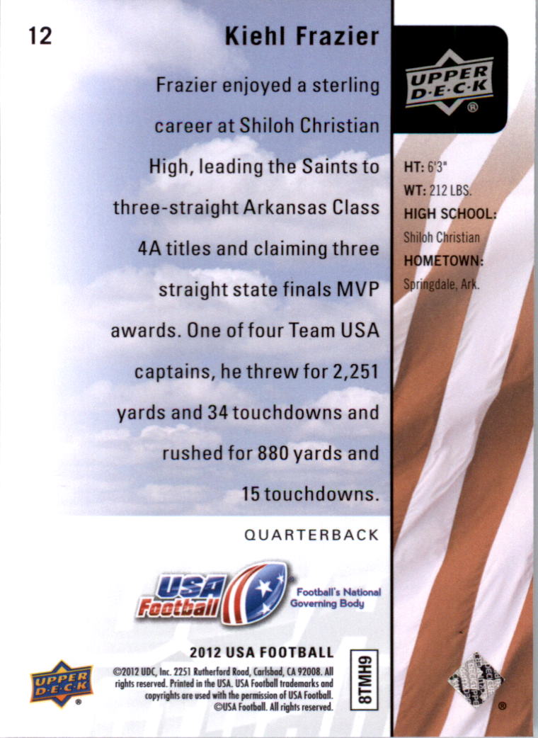 2011-12 Upper Deck USA Football #12 Kiehl Frazier back image