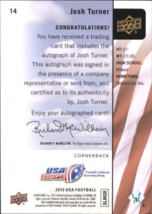 2011-12 Upper Deck USA Football Autographs #14 Josh Turner back image