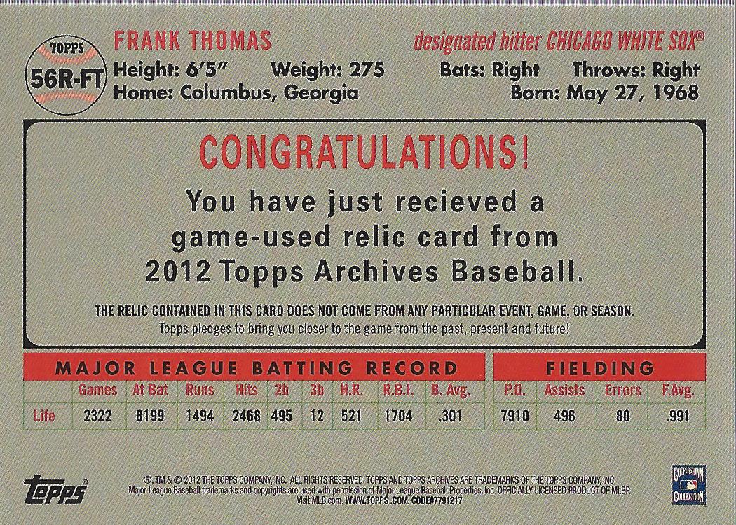2012 Topps Archives Relics #FT Frank Thomas back image