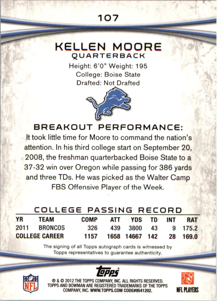 2012 Bowman Rookie Autographs #107 Kellen Moore back image