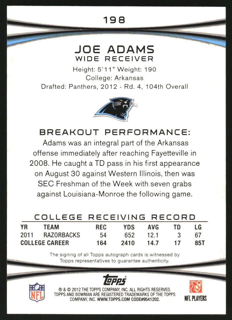 2012 Bowman Rookie Autographs #198 Joe Adams back image