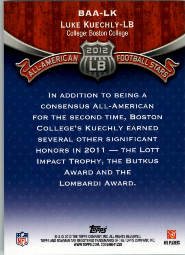 2012 Bowman All-Americans #BAALK Luke Kuechly back image