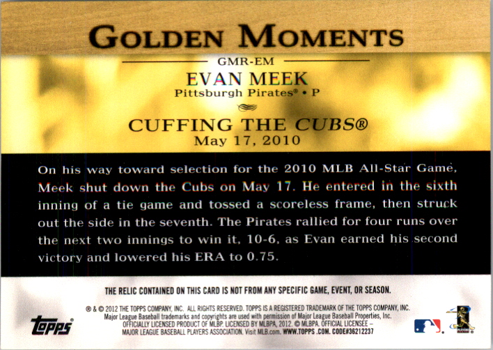 2012 Topps Golden Moments Relics #EM Evan Meek S2 back image