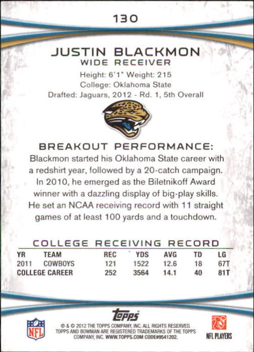 2012 Bowman Silver #130 Justin Blackmon back image