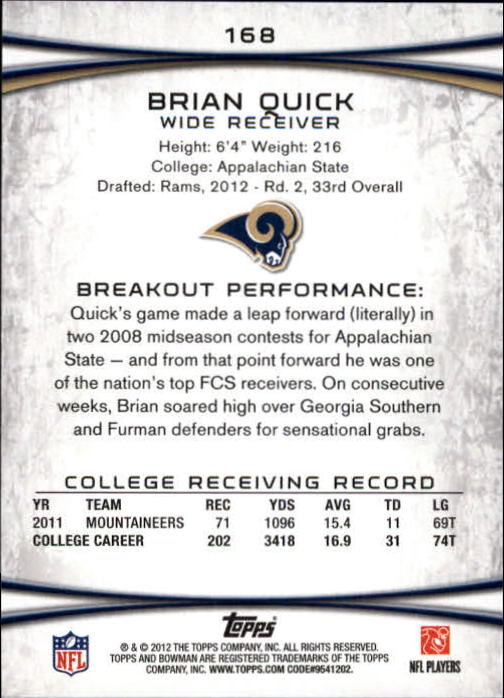 2012 Bowman Silver #168 Brian Quick back image
