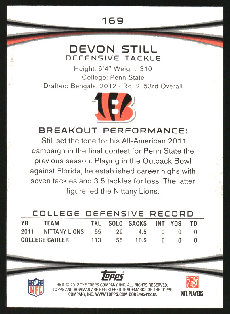 2012 Bowman Green #169 Devon Still back image