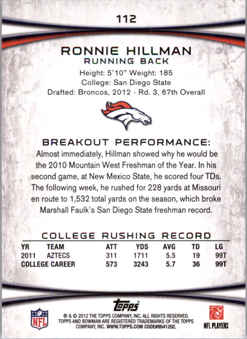 2012 Bowman Gold #112 Ronnie Hillman back image