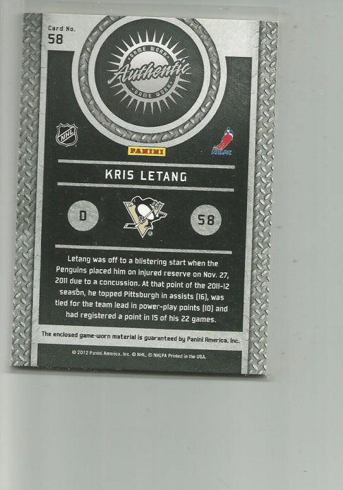 2011-12 Panini Titanium Game Worn Gear #58 Kris Letang SP back image