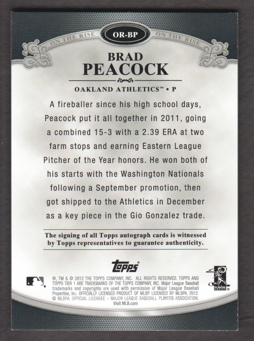 2012 Topps Tier One On The Rise Autographs #BP Brad Peacock/350 back image