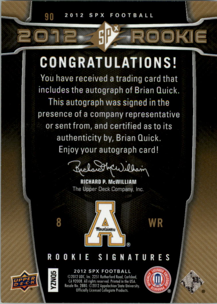 2012 SPx #90 Brian Quick AU back image