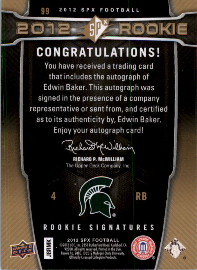 2012 SPx #99 Edwin Baker AU back image