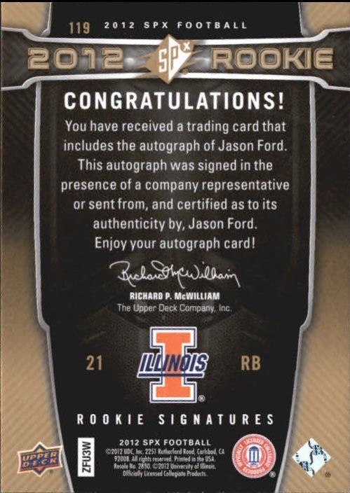 2012 SPx #119 Jason Ford AU back image
