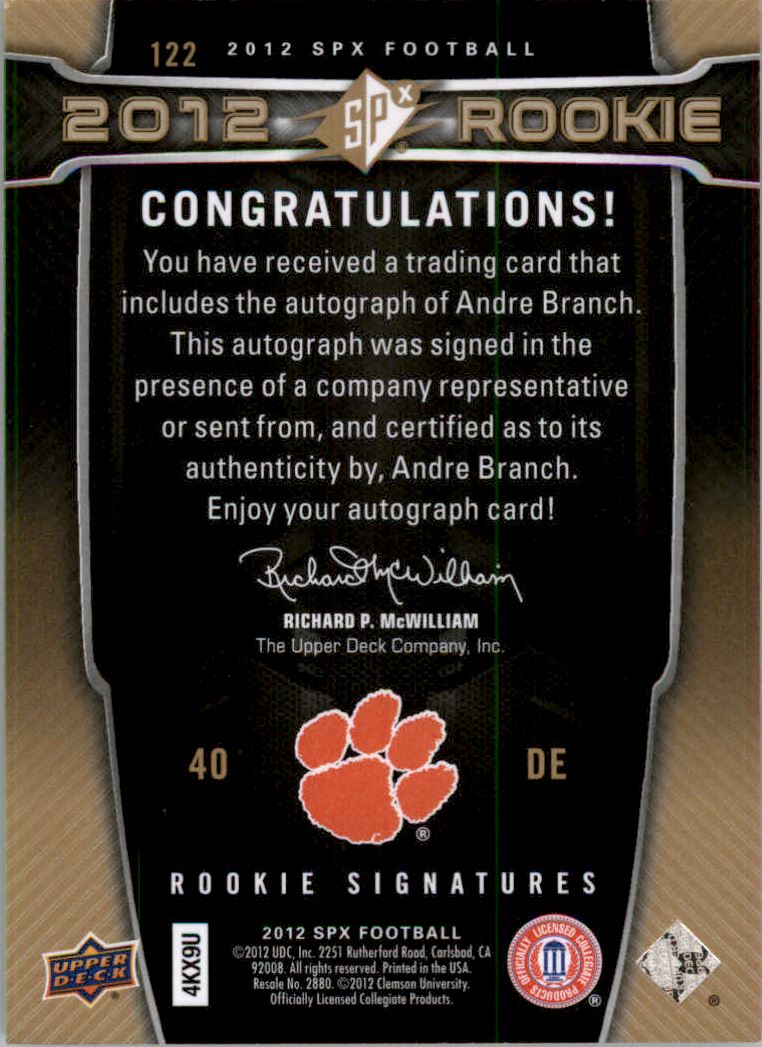2012 SPx #122 Andre Branch AU back image