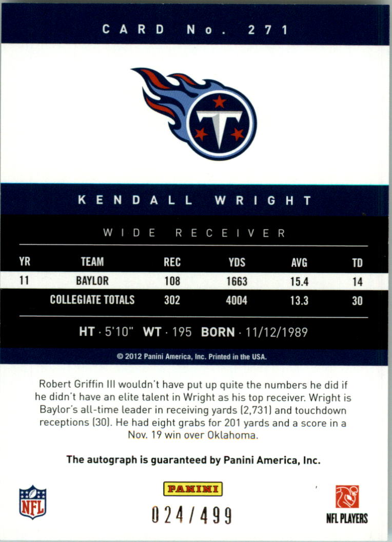 2012 Prestige Rookie Autographs #271A Kendall Wright/499 back image