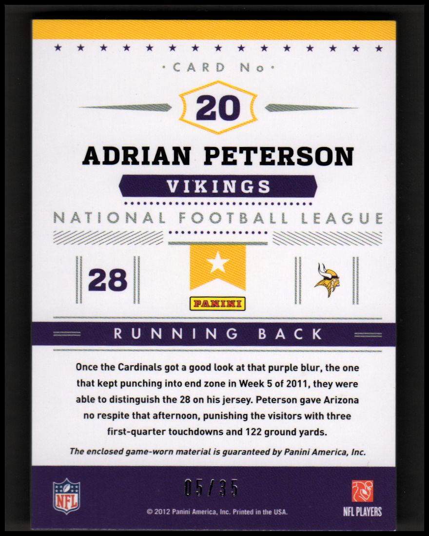 2012 Prestige Stars of the NFL Materials #20 Adrian Peterson/35 back image