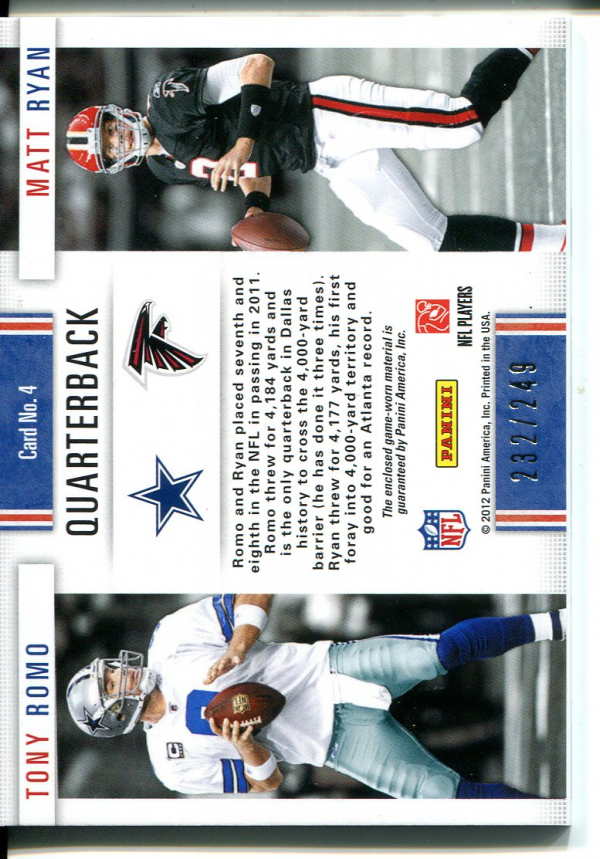 2012 Prestige League Leaders Materials #4 Tony Romo/Matt Ryan back image