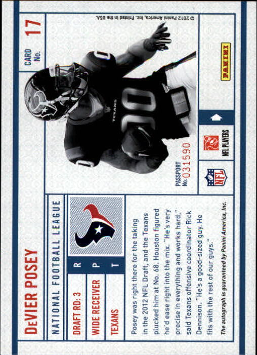 2012 Prestige NFL Passport Autographs #17 DeVier Posey back image
