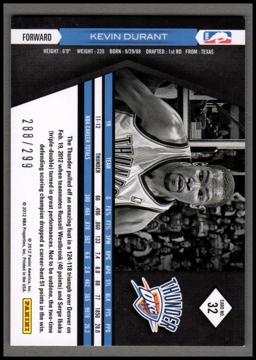 2011-12 Limited #32 Kevin Durant back image