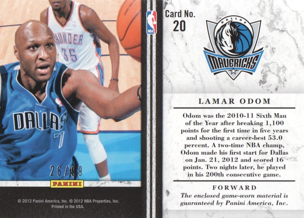 2011-12 Limited Jumbo Jersey Numbers #20 Lamar Odom/99 back image