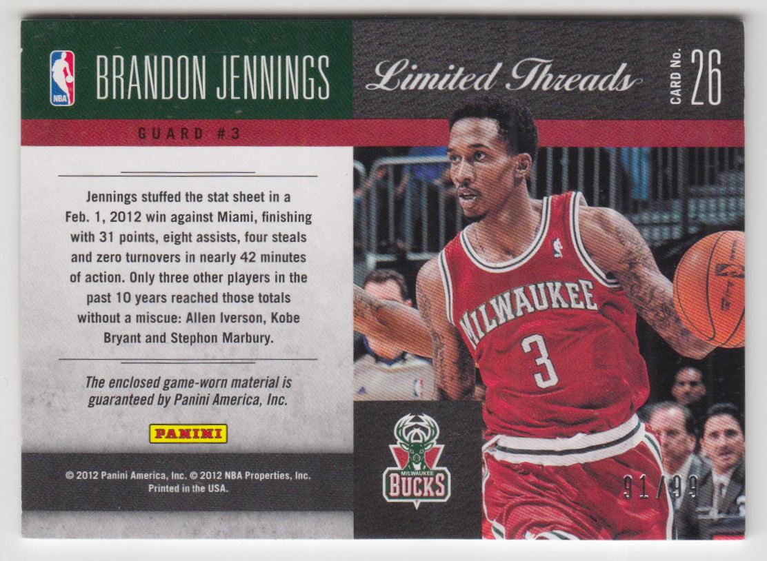2011-12 Limited Threads #26 Brandon Jennings/99 back image