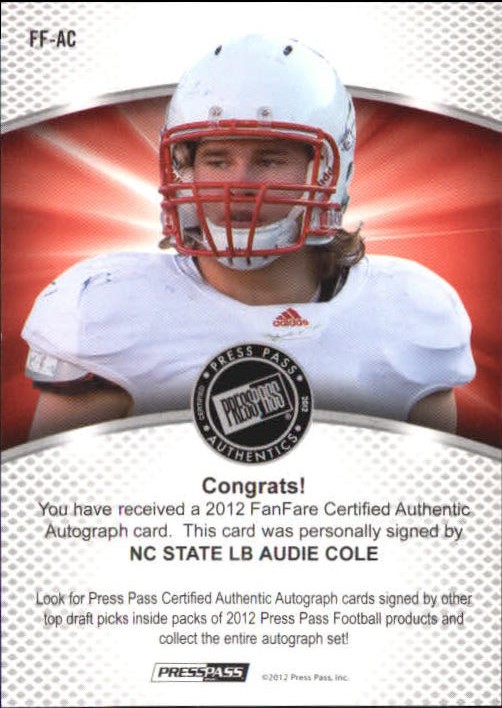 2012 Press Pass Fanfare Purple Red Ink #FFAC Audie Cole/9* back image