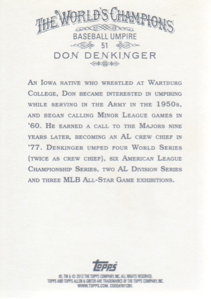 2012 Topps Allen and Ginter #51 Don Denkinger back image