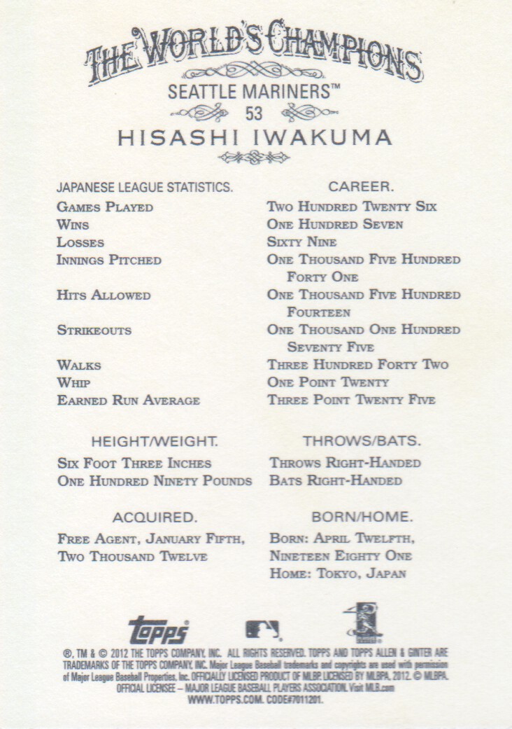 2012 Topps Allen and Ginter #53 Hisashi Iwakuma RC back image