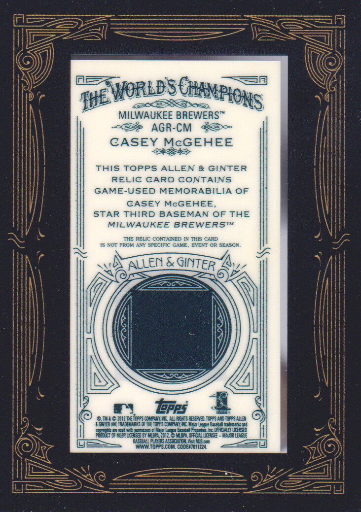2012 Topps Allen and Ginter Relics #CM Casey McGehee back image