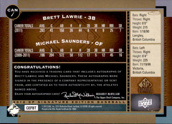 2012 SP Signature Dual Signatures #CAN1 Brett Lawrie/Michael Saunders E back image