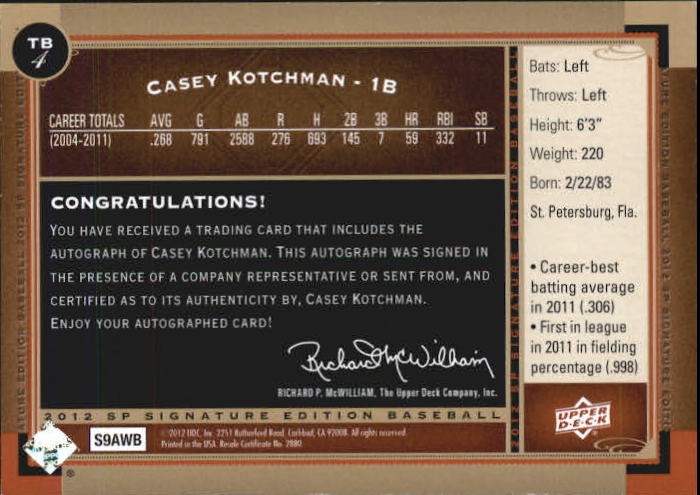 2012 SP Signature #TB4 Casey Kotchman D back image