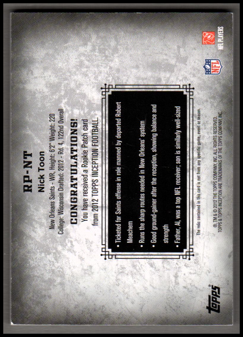 2012 Topps Inception Rookie Relics Patch #RPNT Nick Toon back image
