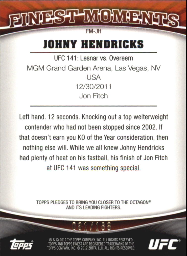 2012 Finest UFC Finest Moments X-Fractors #FMJH Johny Hendricks back image
