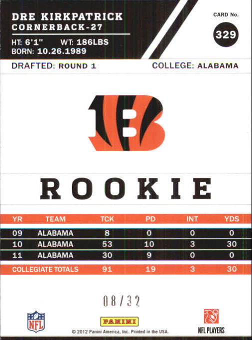 2012 Score Artist's Proof #329 Dre Kirkpatrick back image