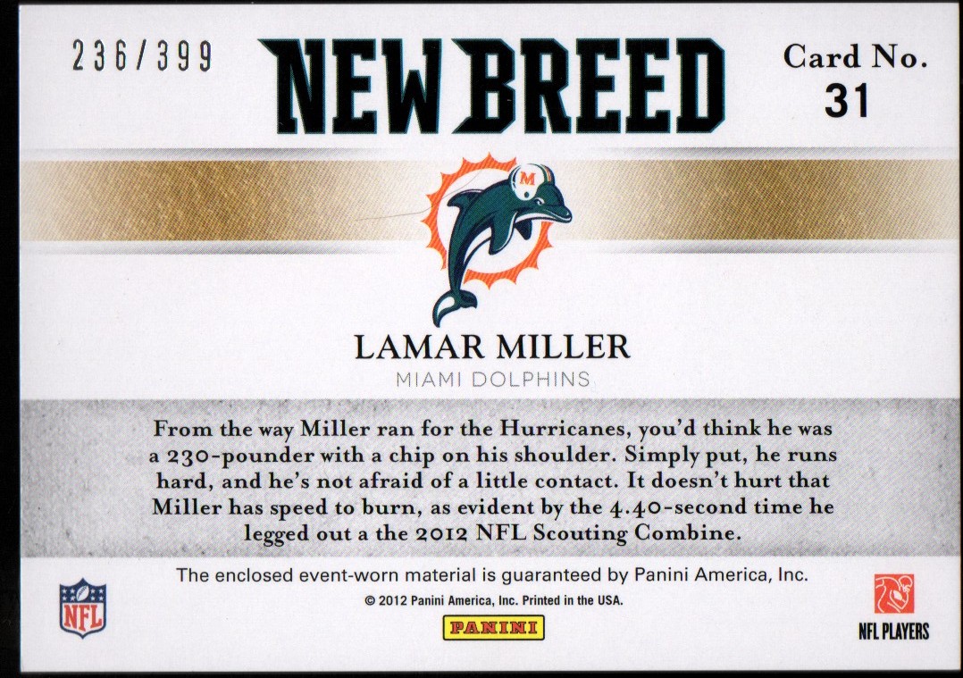 2012 Elite New Breed Jerseys #31 Lamar Miller/399 back image