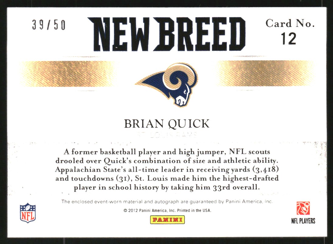 2012 Elite New Breed Jerseys Autographs #12 Brian Quick/50 back image