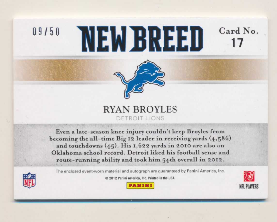 2012 Elite New Breed Jerseys Autographs #17 Ryan Broyles/50 back image