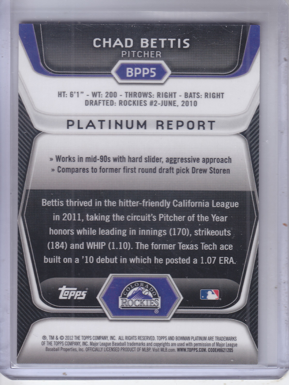 2012 Bowman Platinum Prospects Red Refractors #BPP5 Chad Bettis back image