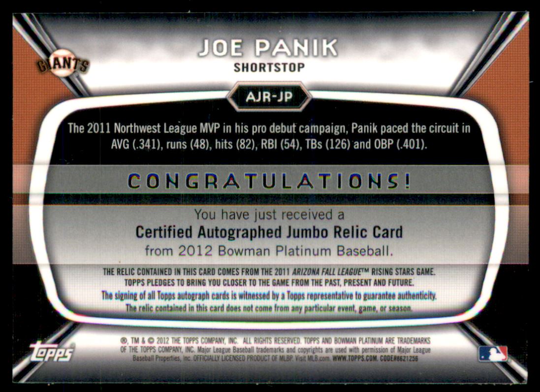 2012 Bowman Platinum Jumbo Relic Autograph Refractors #JP Joe Panik back image