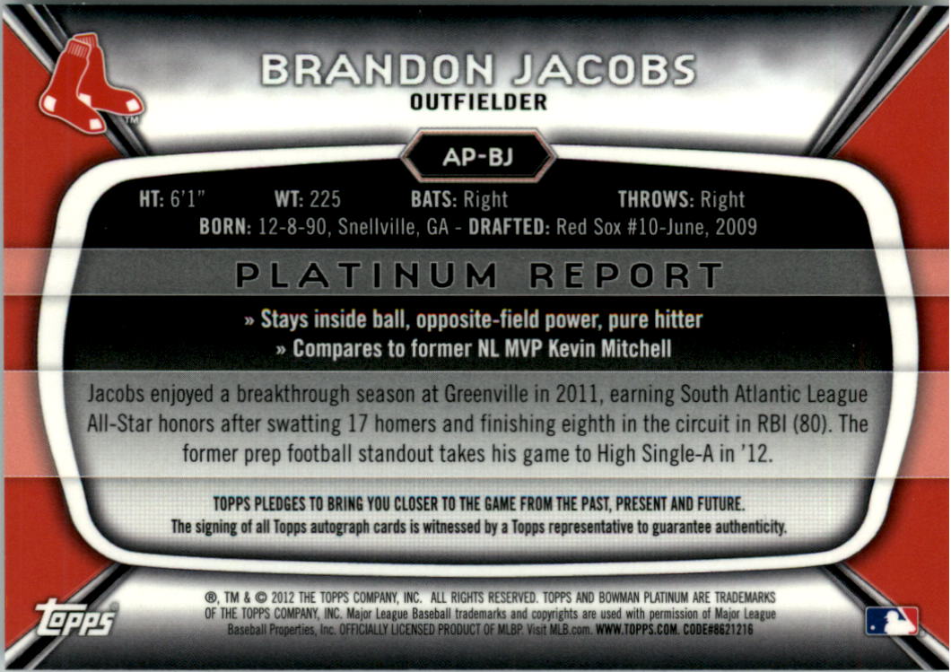 2012 Bowman Platinum Prospect Autographs #BJ Brandon Jacobs back image