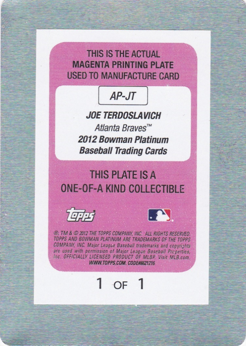 2012 Bowman Platinum Prospect Autographs Printing Plates Magenta #JT Joe Terdoslavich back image