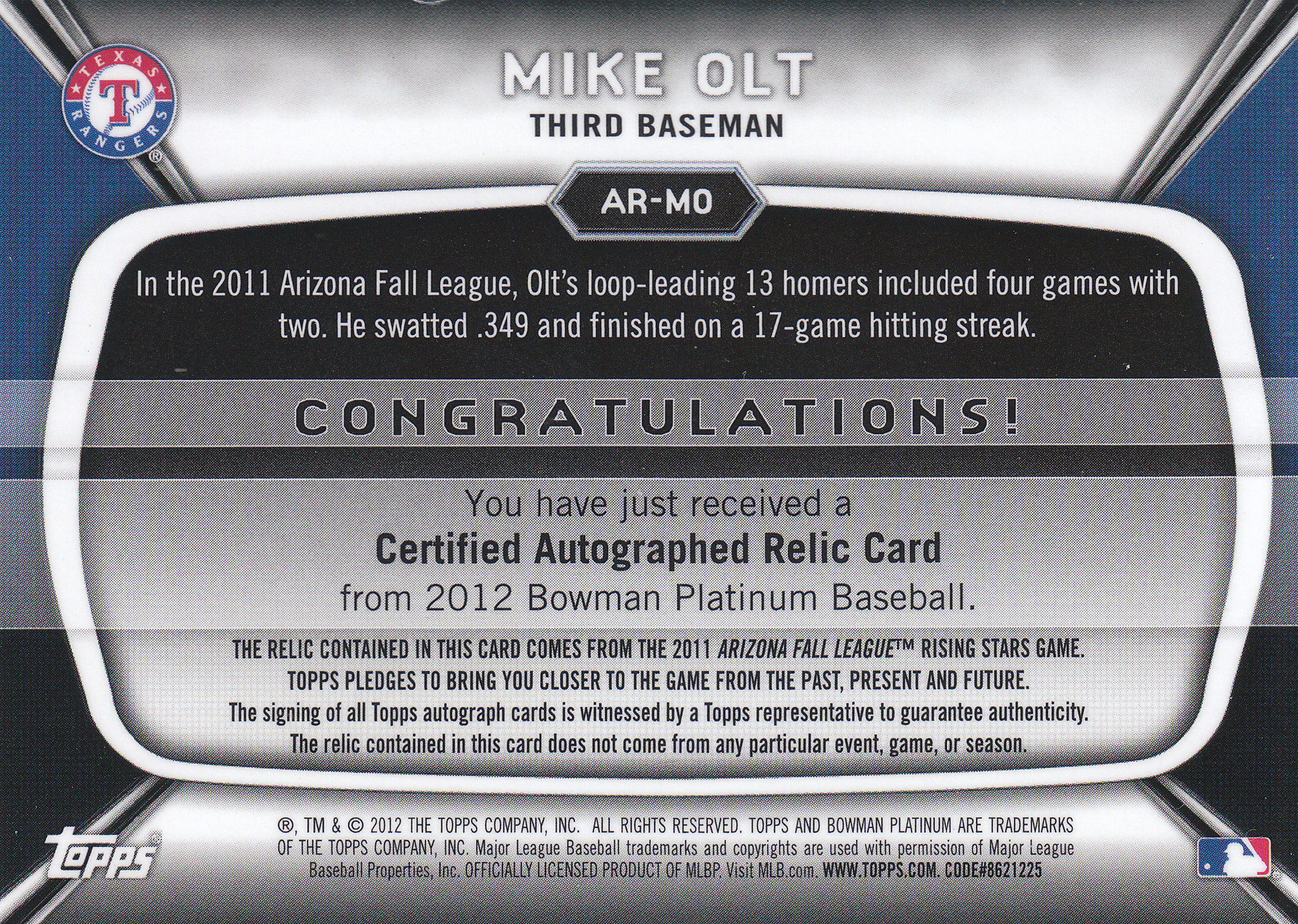2012 Bowman Platinum Relic Autographs Blue Refractors #MO Mike Olt back image