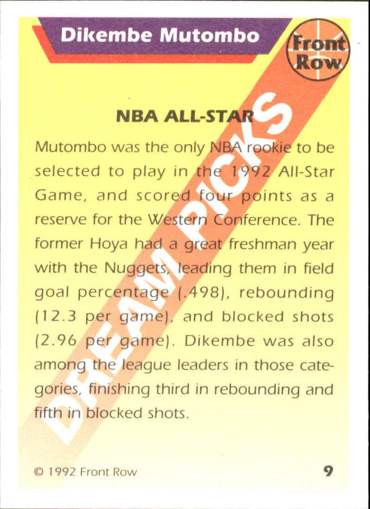 1992 Front Row Dream Picks Gold #9 Dikembe Mutombo/NBA All-Star back image