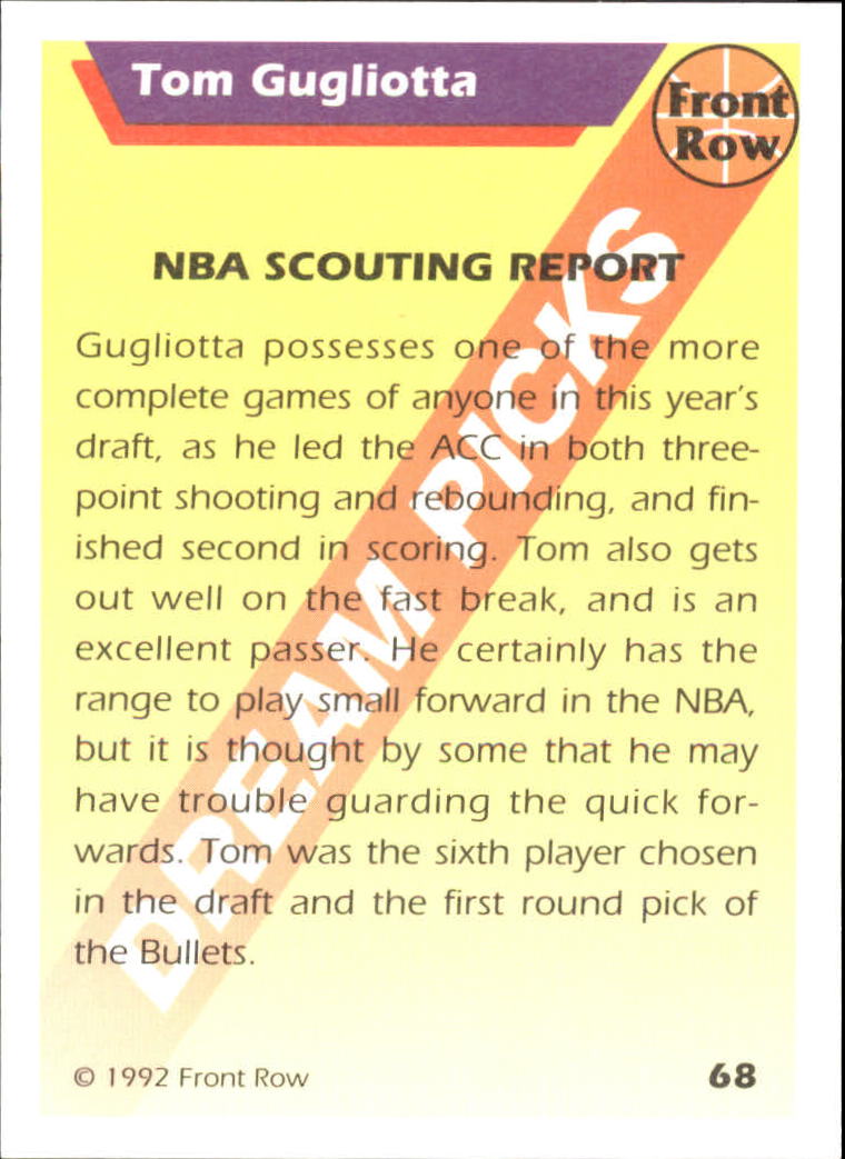 1992 Front Row Dream Picks Gold #68 Tom Gugliotta/NBA Scouting Report back image
