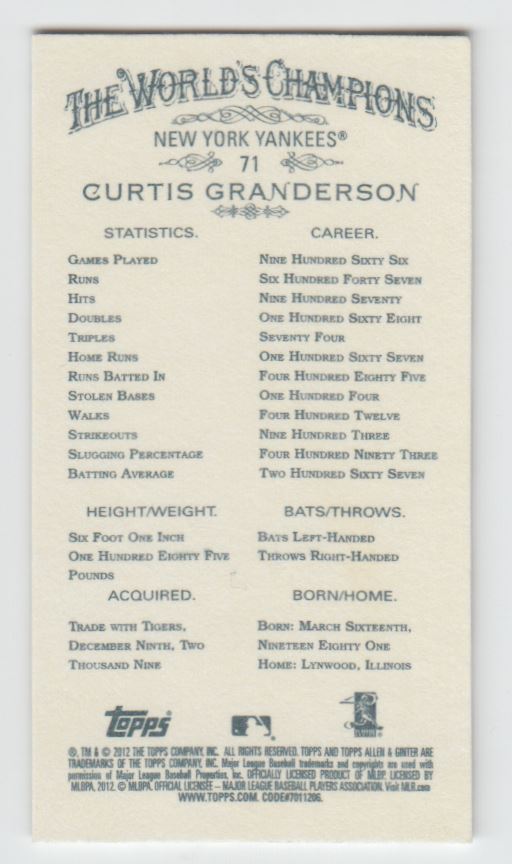 2012 Topps Allen and Ginter Mini Gold Border #71 Curtis Granderson back image