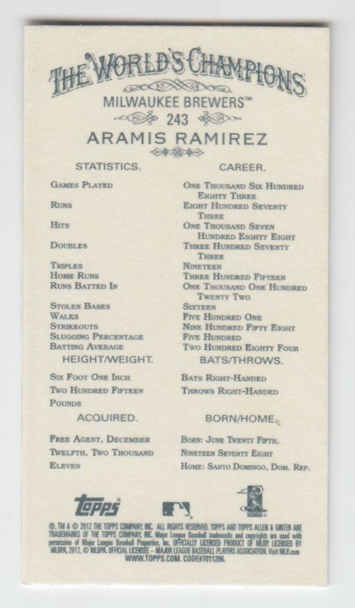 2012 Topps Allen and Ginter Mini Gold Border #243 Aramis Ramirez back image