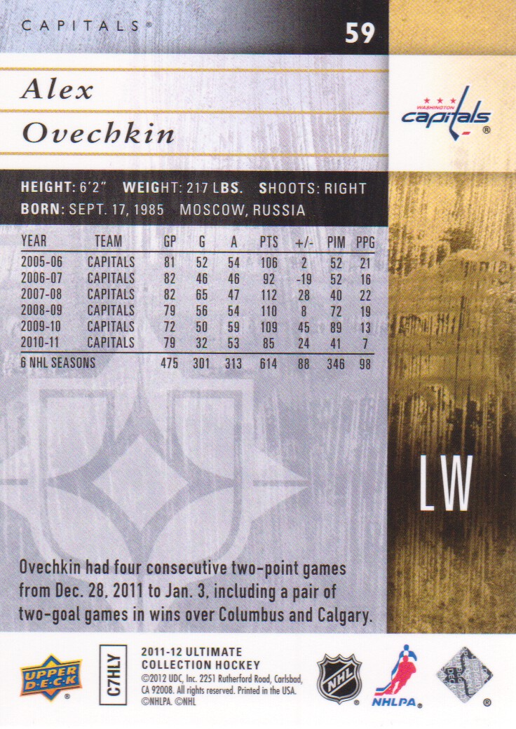 2011-12 Ultimate Collection #59 Alexander Ovechkin back image