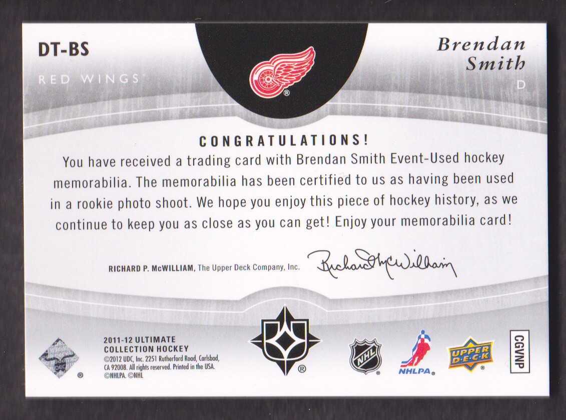 2011-12 Ultimate Collection Debut Threads Patches #DTBS Brendan Smith back image