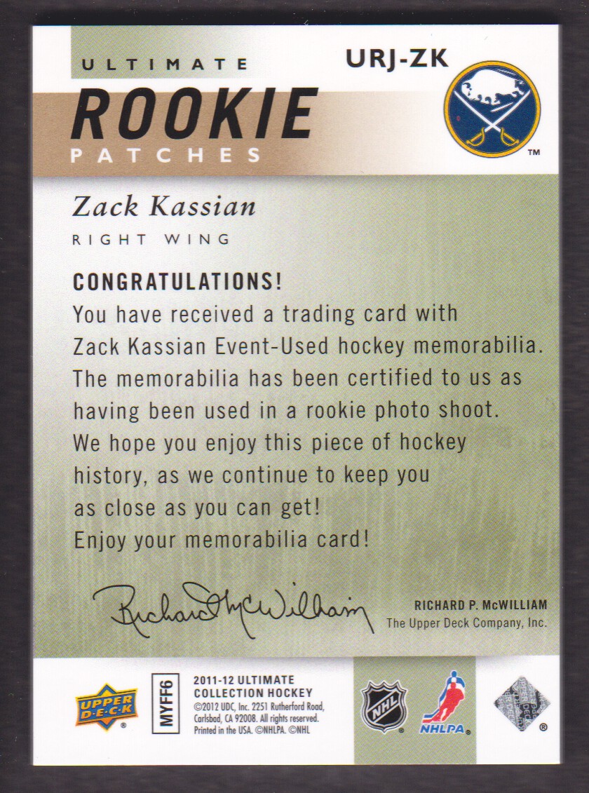 2011-12 Ultimate Collection Ultimate Rookie Patches #URJZK Zack Kassian back image