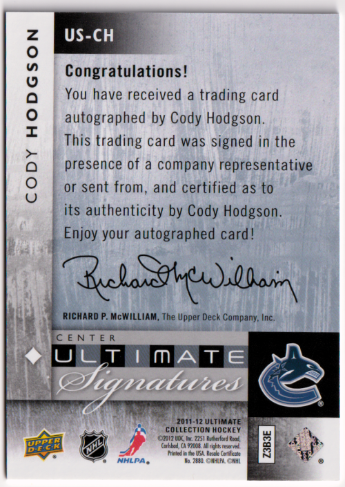 2011-12 Ultimate Collection Ultimate Signatures #USCH Cody Hodgson E back image