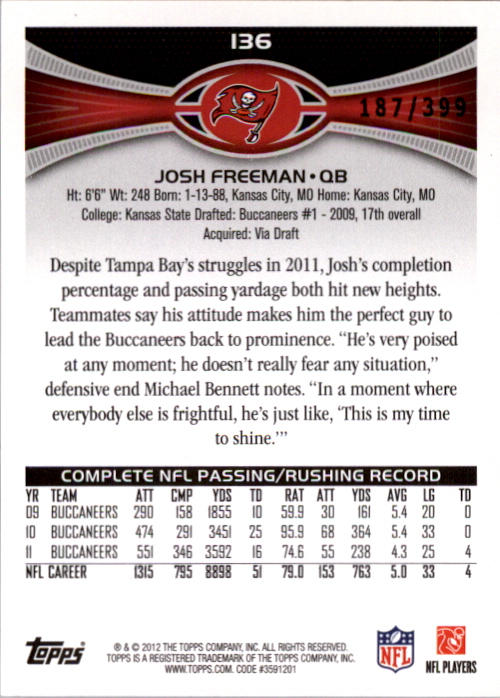 2012 Topps Pink #136 Josh Freeman back image